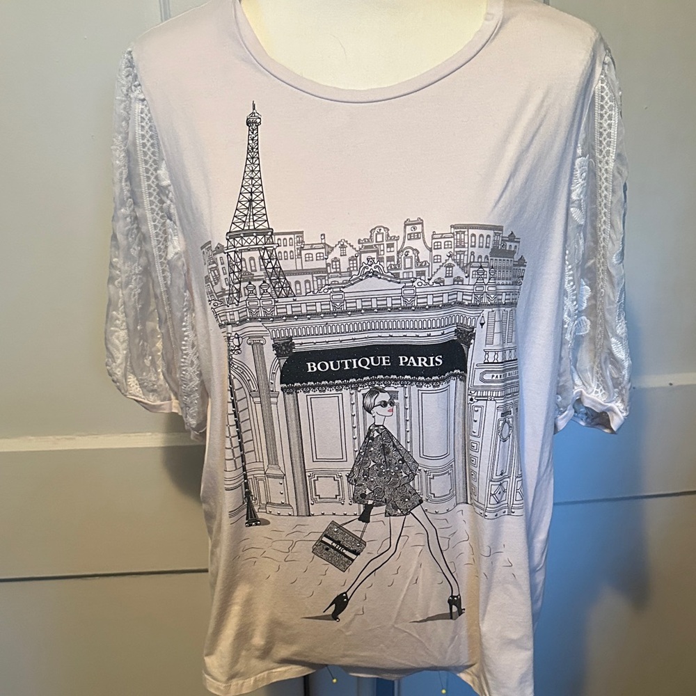 Love and Lace 1x Paris Graphic Tee with Lace Sleeves